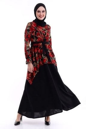 Kadın Uzun Kol Kemerli Çiçek Desenli Tesettür Elbise 5038 NESS-5038MYSL
