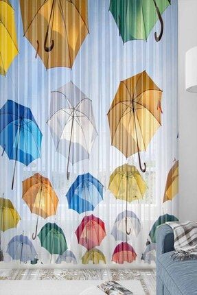 Renkli Şemsiyeler Desenli Dekoratif Modern 3d Tül Fon Perde elsesalotulpm41
