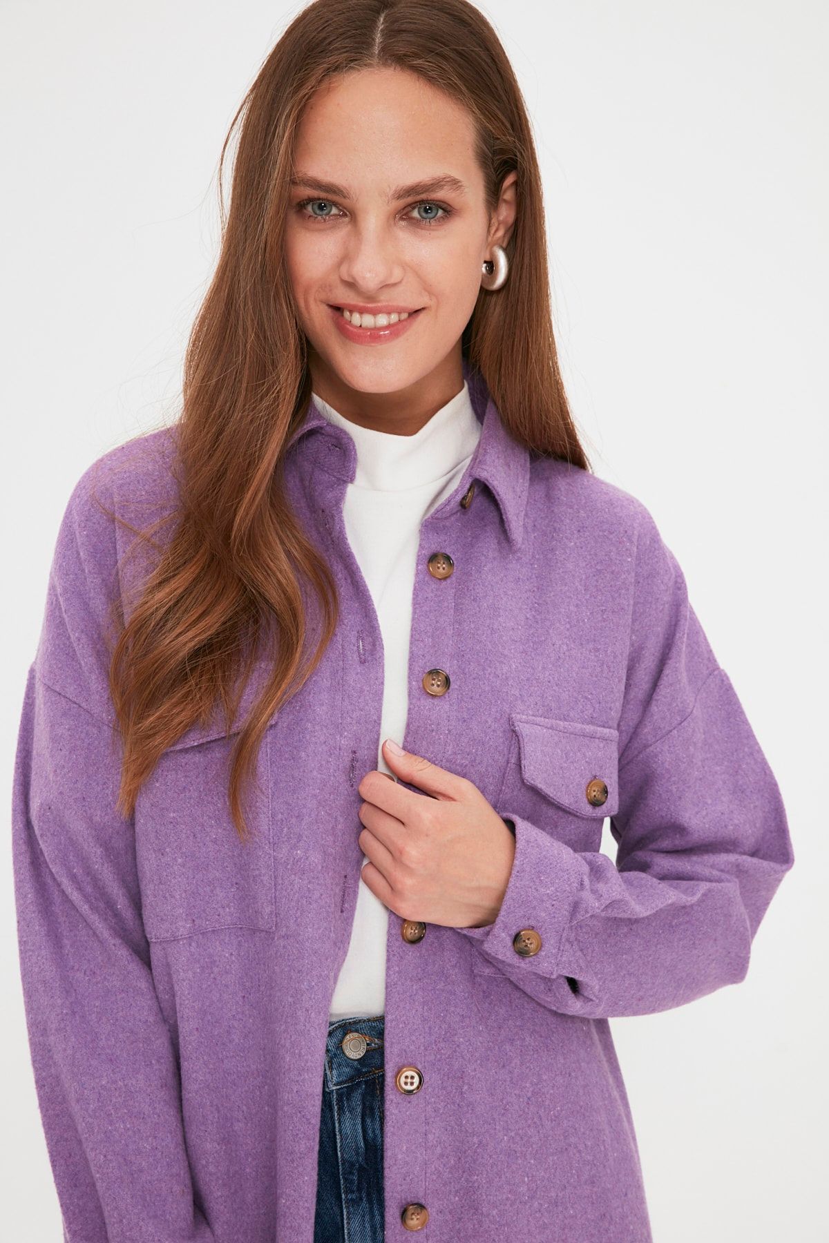 Trendyol Modest Lila Çift Cepli Uzun Kışlık Gömlek TCTAW22UK0067 RN9076