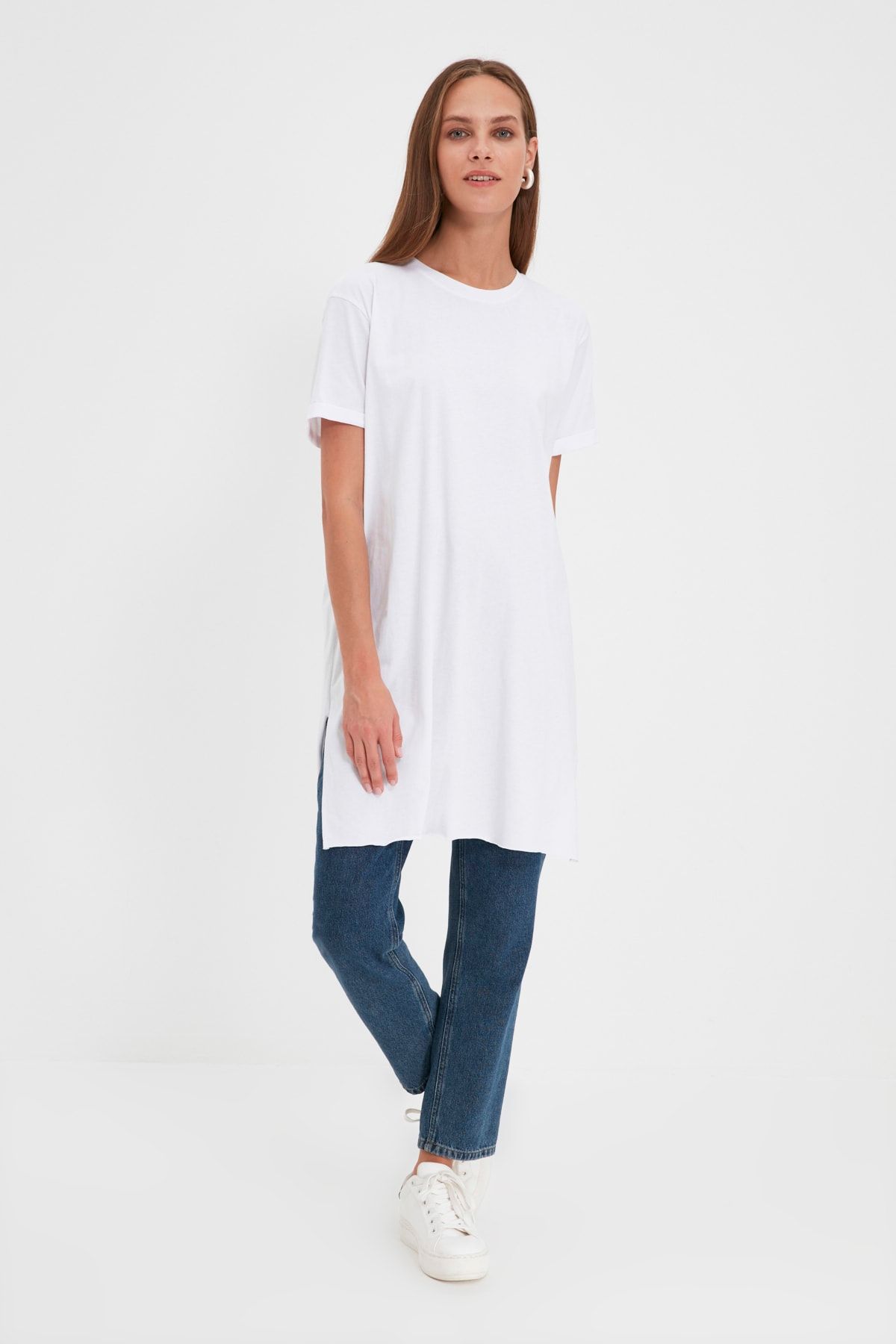 Trendyol Modest-Schwarz-weißes 2er-Pack kurzärmliges Basic-Strick-T-Shirt mit Schlitz und detailliertem Rundhalsausschnitt TCTSS21UK0009 6