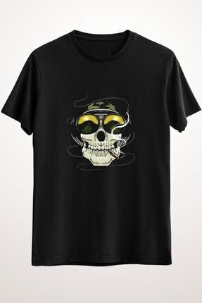 Erkek Siyah High Skull Weed Smoke T-Shirt ME1530