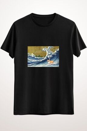 Erkek Siyah Corgi Dog Surfing The Great Wave Classic T-shirt GR1601