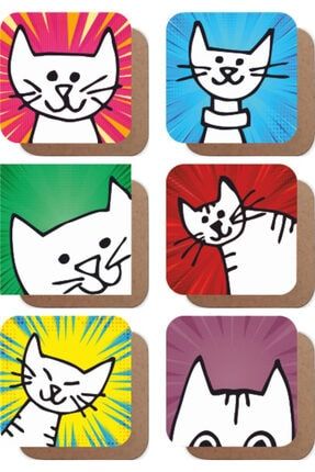 Kediler Pop Art 6lı Ahşap Bardak Altlığı Seti 6058032603553