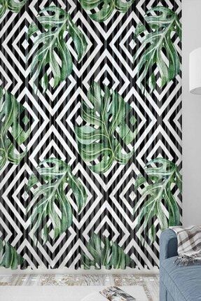 Osso Siyah Karo Çizgi Yeşil Yaprak Desenli Dekoratif Modern 3d Tül Fon Perde Ossosalotulpm93