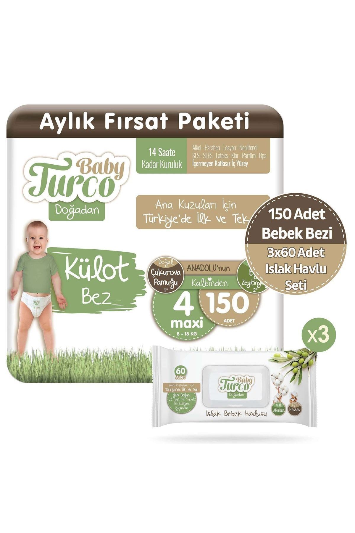 Baby Turco Doğadan Külot Bez 4 Numara Maxi 150 Adet + 3 x 60 Doğadan Islak Havlu