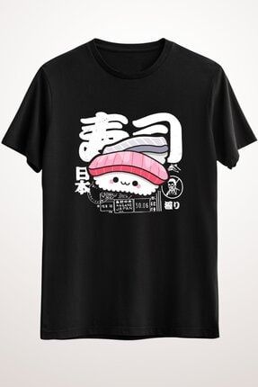Unisex Siyah Tişört Sushi Kawaii DO2941