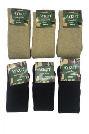Aykut 6 Çift Haki Yeşil Ve Siyah Kışlık Kalın Havlu Asker Çorabı atsfth11146