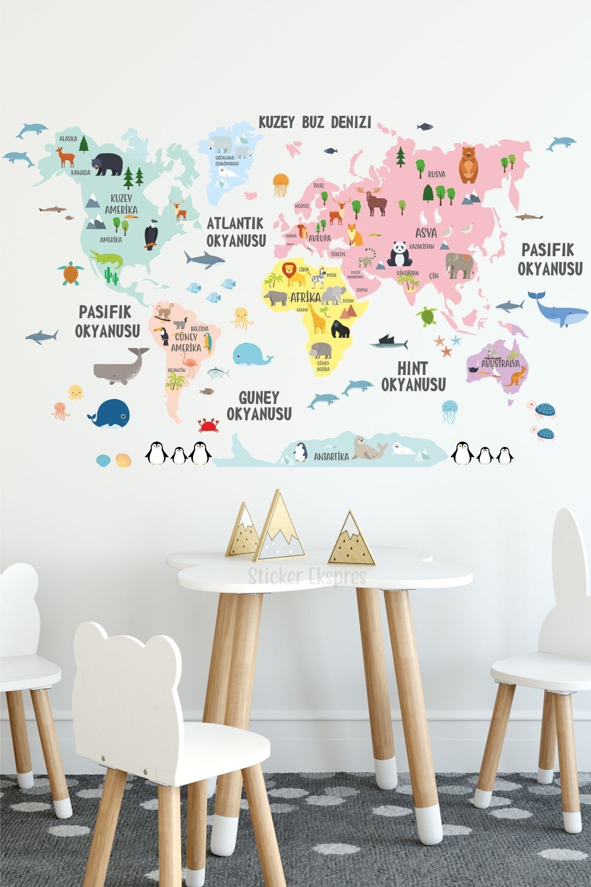 Sticker Ekspres-Colorful Turkish World Map World Atlas Baby Kids Room Kindergarten Nursery Wall Sticker 1