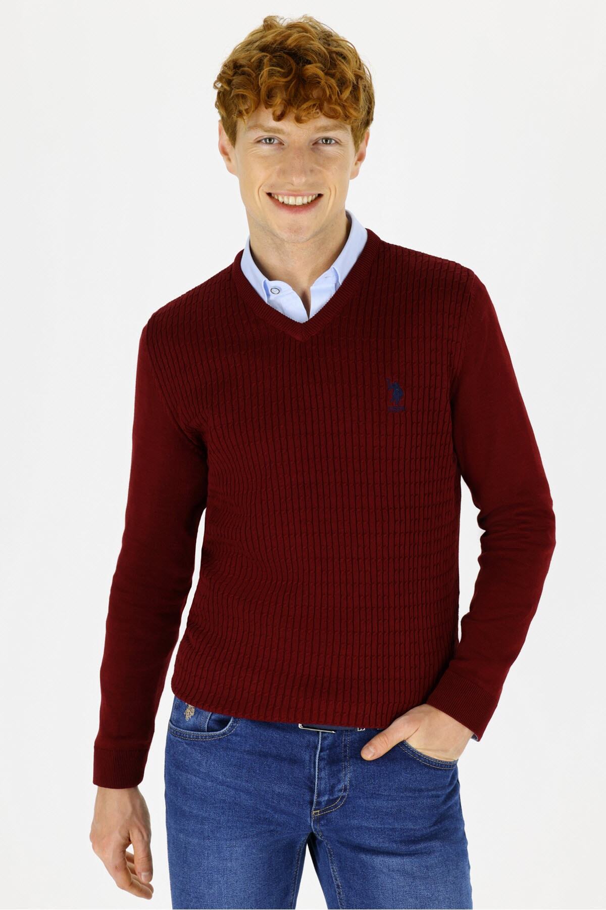 پلیور یو اس پولو مردانه  زرشکی ساده یقه هفت Us Polo Assn
