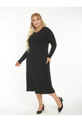Kadın Siyah Büyük Beden Gizli Cep Detay Esnek Viskon Elbise LK-0829