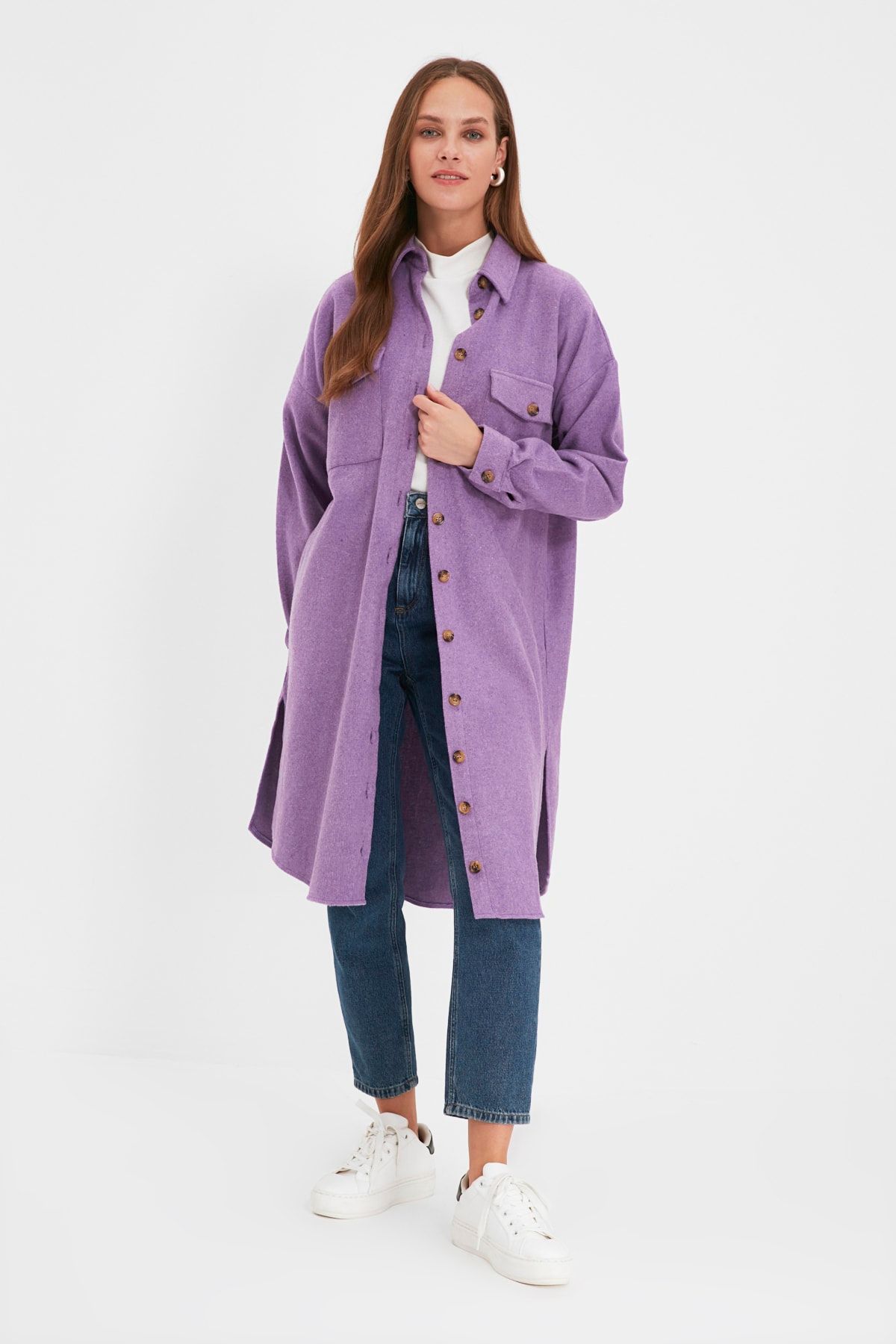 Trendyol Modest Lila Çift Cepli Uzun Kışlık Gömlek TCTAW22UK0067 RN9076