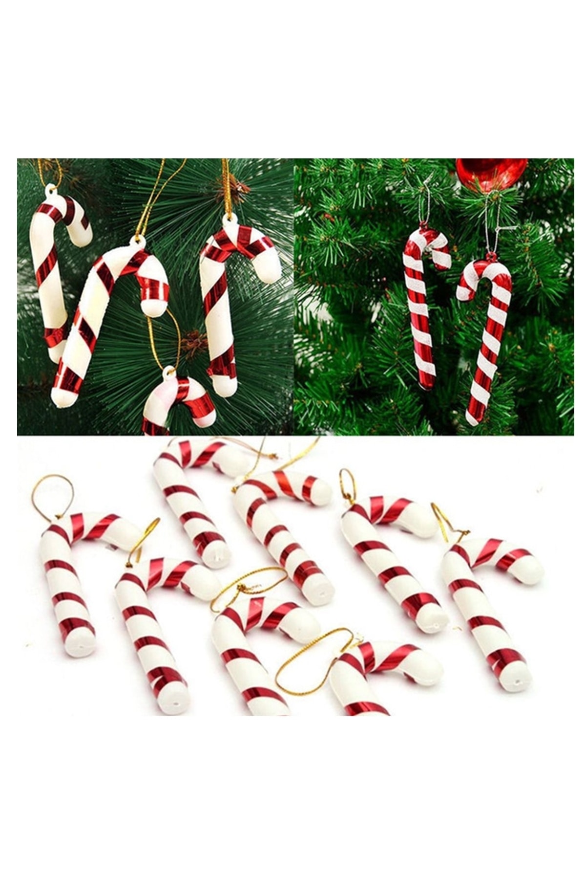 Sezy 7 Cm Kırmızı Şeker Kamışı Baston 6 Parça Yılbaşı Ağacı Noel Süsleme