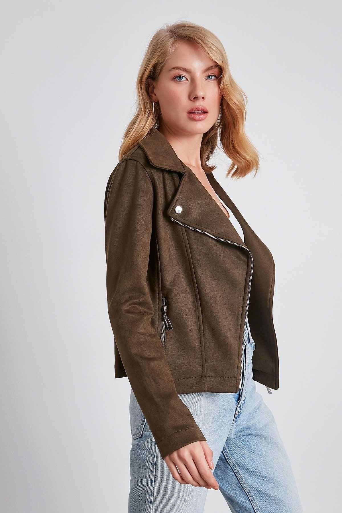 Vitrin Butterfly Collar Faux Suede Biker Jacket Trendyol