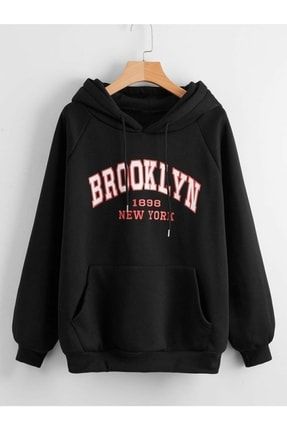 Unisex Siyah Brooklyn Baskılı Kapüşonlu mancybrooklyngri