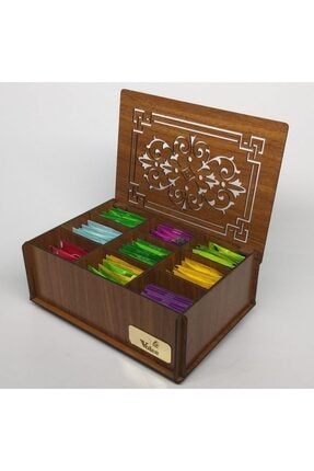 Ahşap Ceviz Renk Çay Kutusu 9 Bölmeli Kapaklı Poşet Bitki Çayı Saklama Kabı Tea Box ( Çaylar Dahil) TYKSTEA001BOX