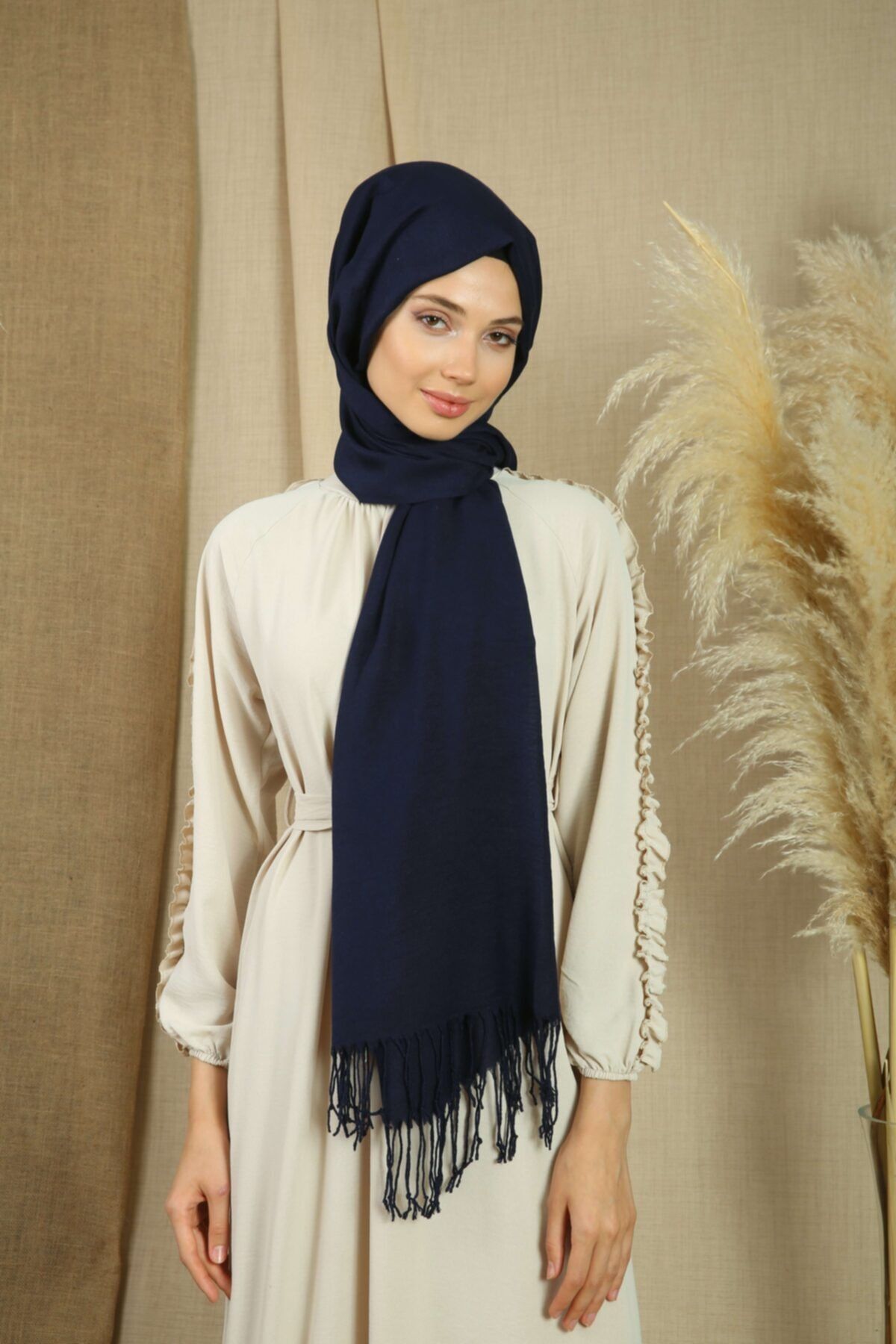 Naz İpek-Pashmina-Schal aus Baumwolle und Viskose, Marineblau, für Damen, 180 x 70 cm, mit Quasten, hohe Qualität, 150 g Pashmina 2