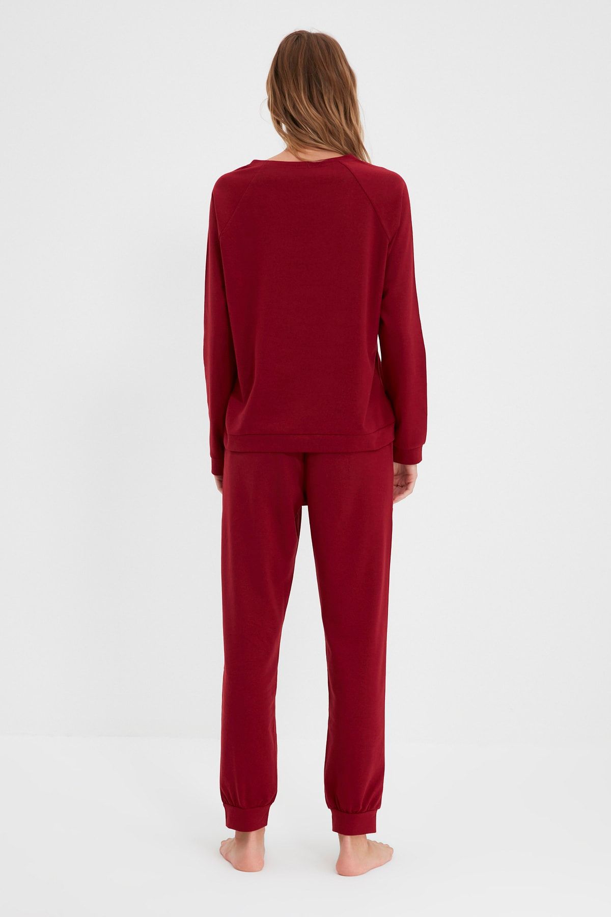 Trendyol Collection-Set pijama tricotată cu slogan roșu Claret THMAW21PT0497 3