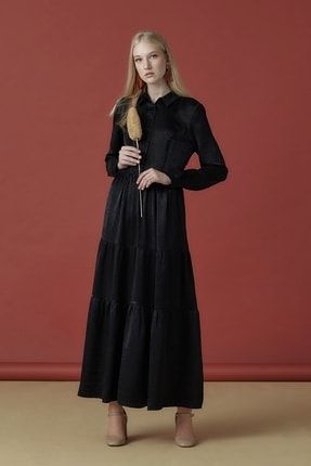 Siyah İpeksi Gömlek Elbise 2709