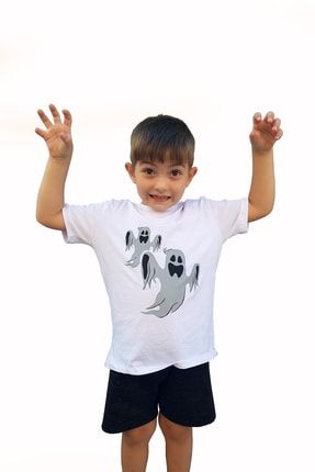 Hayalet Baskılı Beyaz Unisex Çocuk Penye Tişört MST-20102021-2