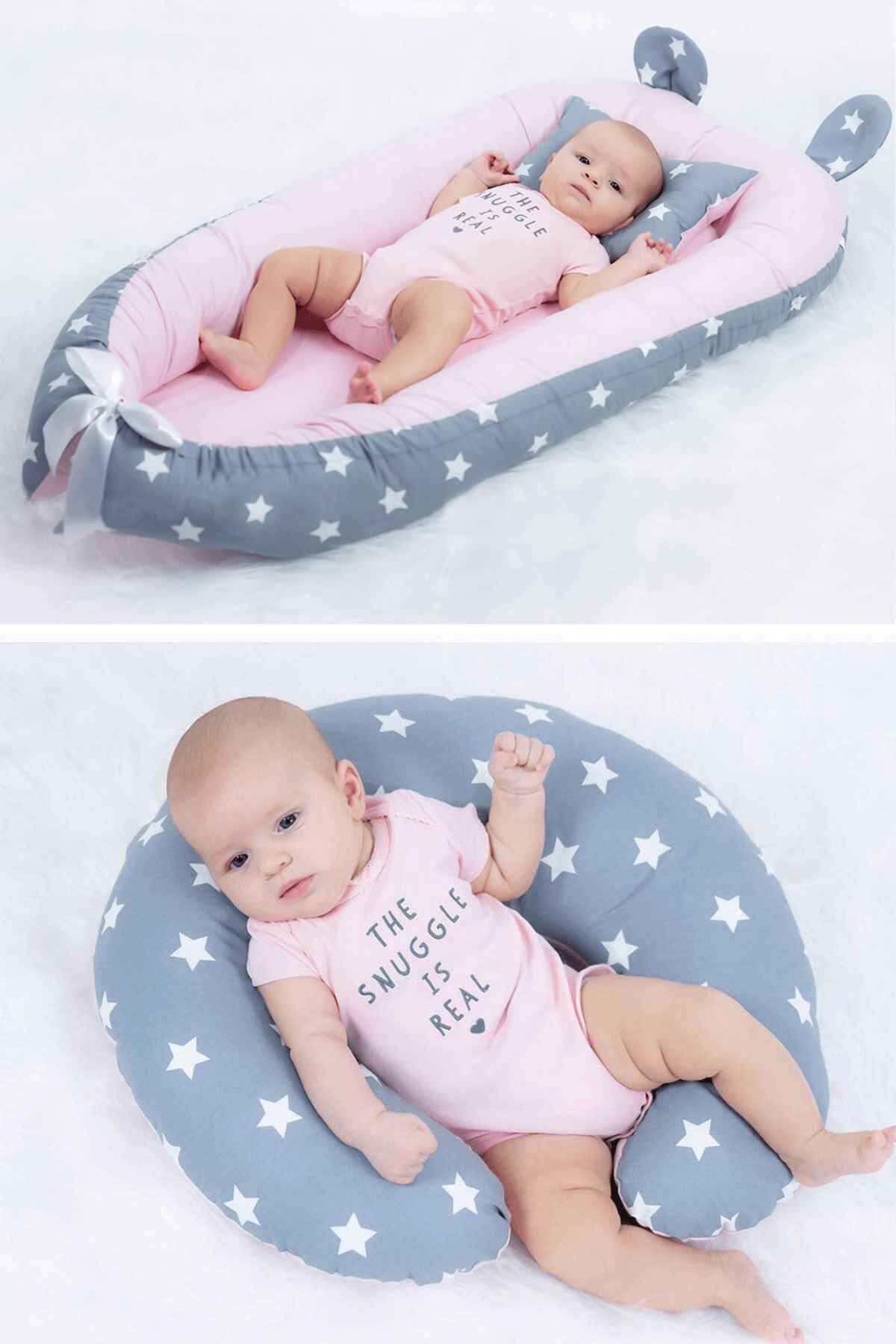 Babynest Yatak Ortopedik Yastık Emzirme Yastığı Pembe Ve Gri Yıldız Üç Ürün Bir Arada fotoğrafı 2 (önizleme)