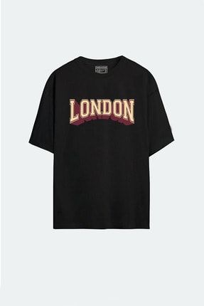 - Unisex London Baskılı Siyah Oversize T-shirt HarmandarLondon