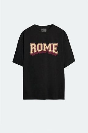 - Unisex Rome Baskılı Siyah Oversize T-shirt HarmandarRome