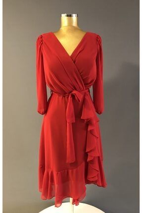 Kadın Kırmızı Renk Fakir Kol Şifon Kısa Elbise Trendabiye K:4895 RENK 4895