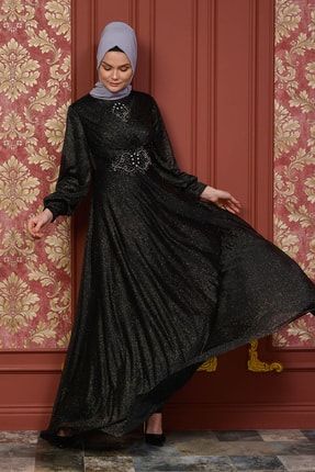 Tesettürlü Abiye Elbise - Simli Siyah Tesettür Abiye Elbise 2068syh