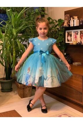 Kız Çocuk Mavi Karlar Kraliçesi Elsa Elbisesi 777897
