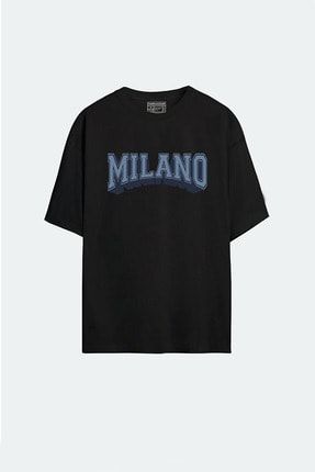 - Unisex Milano Baskılı Siyah Oversize T-shirt HarmandarMilano