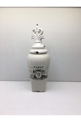 Dekoratif Porselen Obje Beyaz Eskitme Kapaklı Vazo 40x10 Cm S-300921-40x10