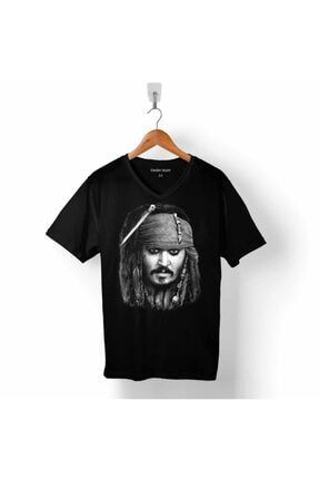 Johnny Depp Captaın Jack Sparrow Karayip Korsanları V Yaka Tişört T05S3286
