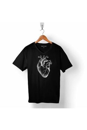 Real Gerçek Kalp Silüet Heart Koroner Çizim V Yaka Tişört T05S3435