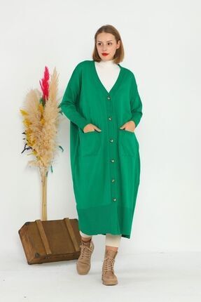 Kadın Yeşil Düğmeli Cepli Uzun Triko Hırka 3365-1