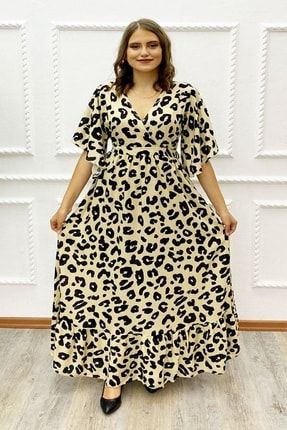 Kruvaze Yaka Leopar Desen Elbise - Sarı MTR1018