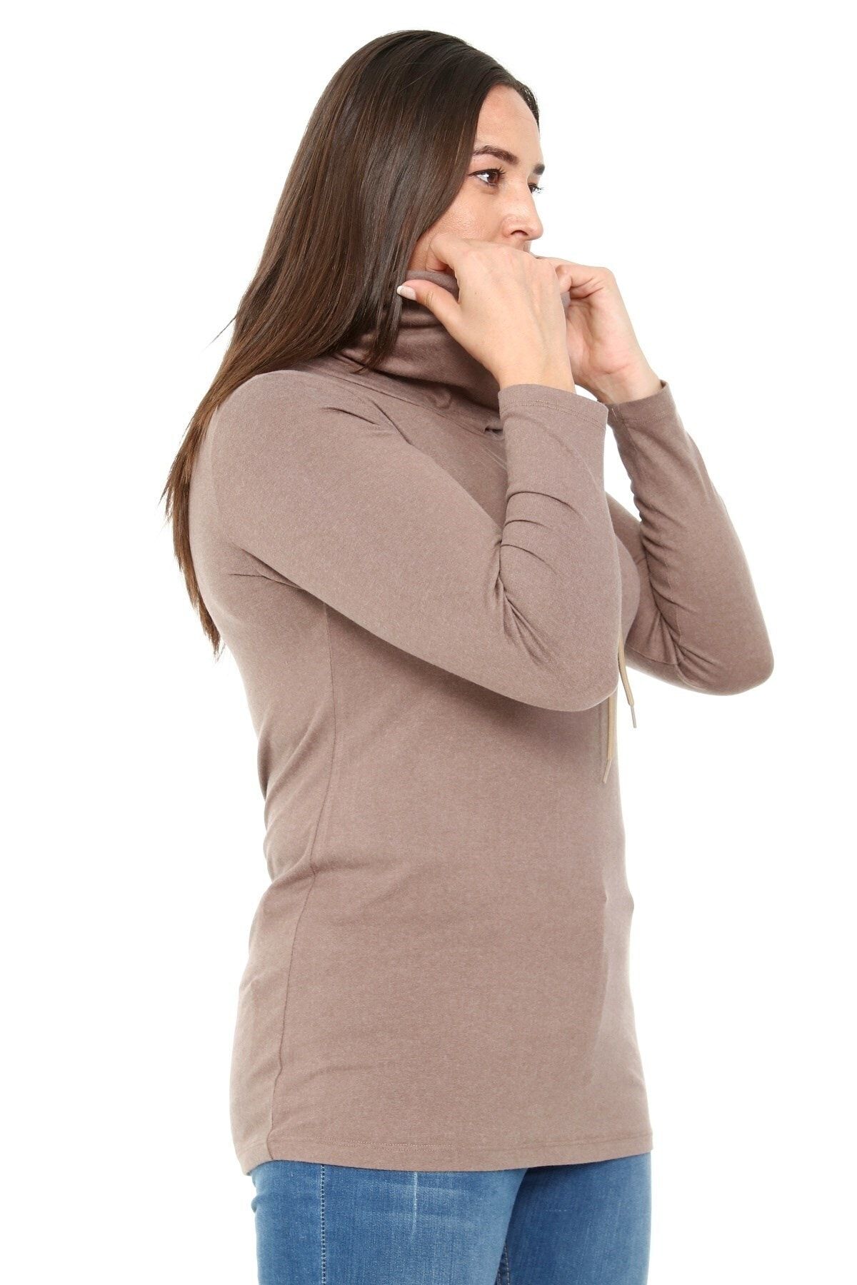 DISENTIS MODEST-Plus Size Drawstring Degaje Collar Wool Viscose Mink Blouse with Button Detail on the Shoulder 2