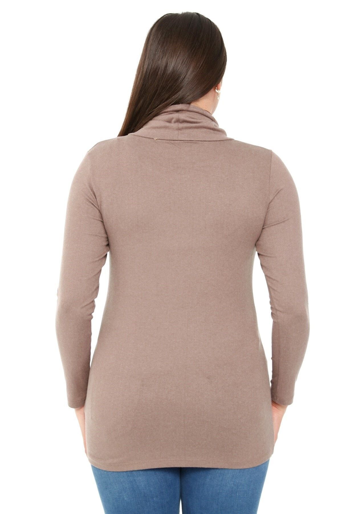 DISENTIS MODEST-Plus Size Drawstring Degaje Collar Wool Viscose Mink Blouse with Button Detail on the Shoulder 3