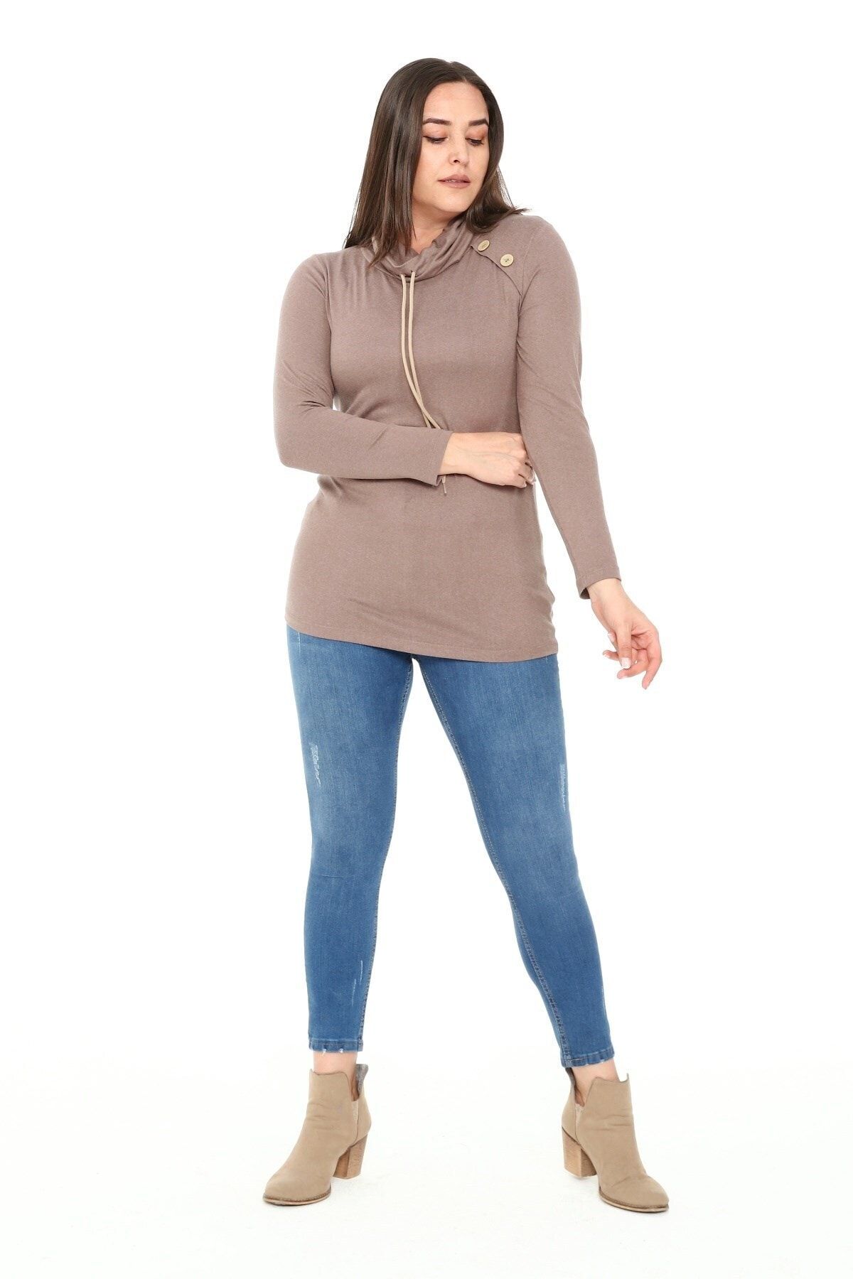 DISENTIS MODEST-Plus Size Drawstring Degaje Collar Wool Viscose Mink Blouse with Button Detail on the Shoulder 4