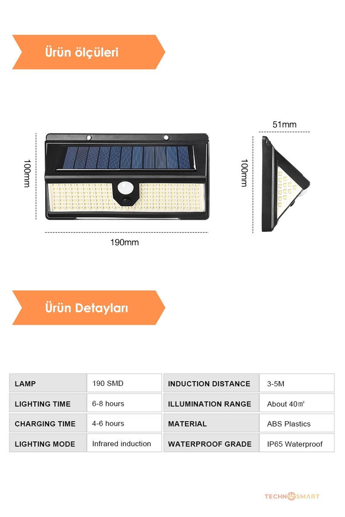 190 Ledli Çakarlı Hareket Sensörlü Solar Güneş Enerjili Led Bahçe Lambası Şarj Olabilen 3