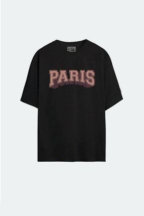 - Unisex Paris Baskılı Siyah Oversize T-shirt HarmandarParis