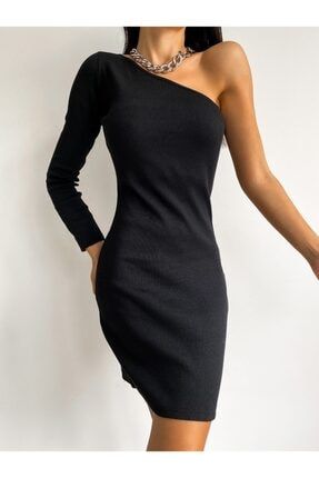 Kadın Tek Omuz Uzun Kollu Kaşkorse Mini Siyah Elbise 0257