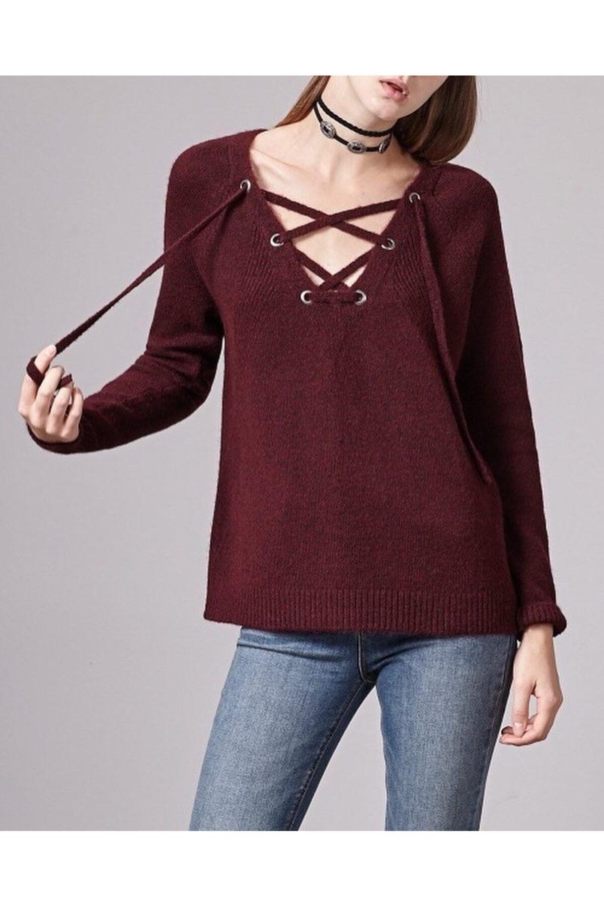 1Moda1Tarz Women s Burgundy V Neck Front Lace Up Knitted Sweater