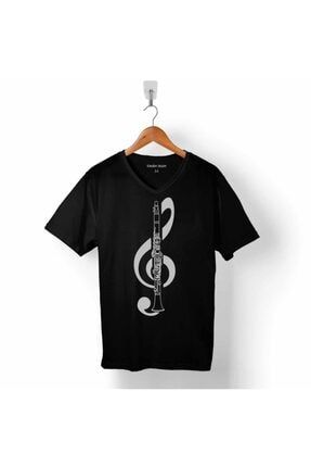 Klarnet Müzik Sol Anahtarı Musıc Logo Tasarım V Yaka Tişört T05S3254