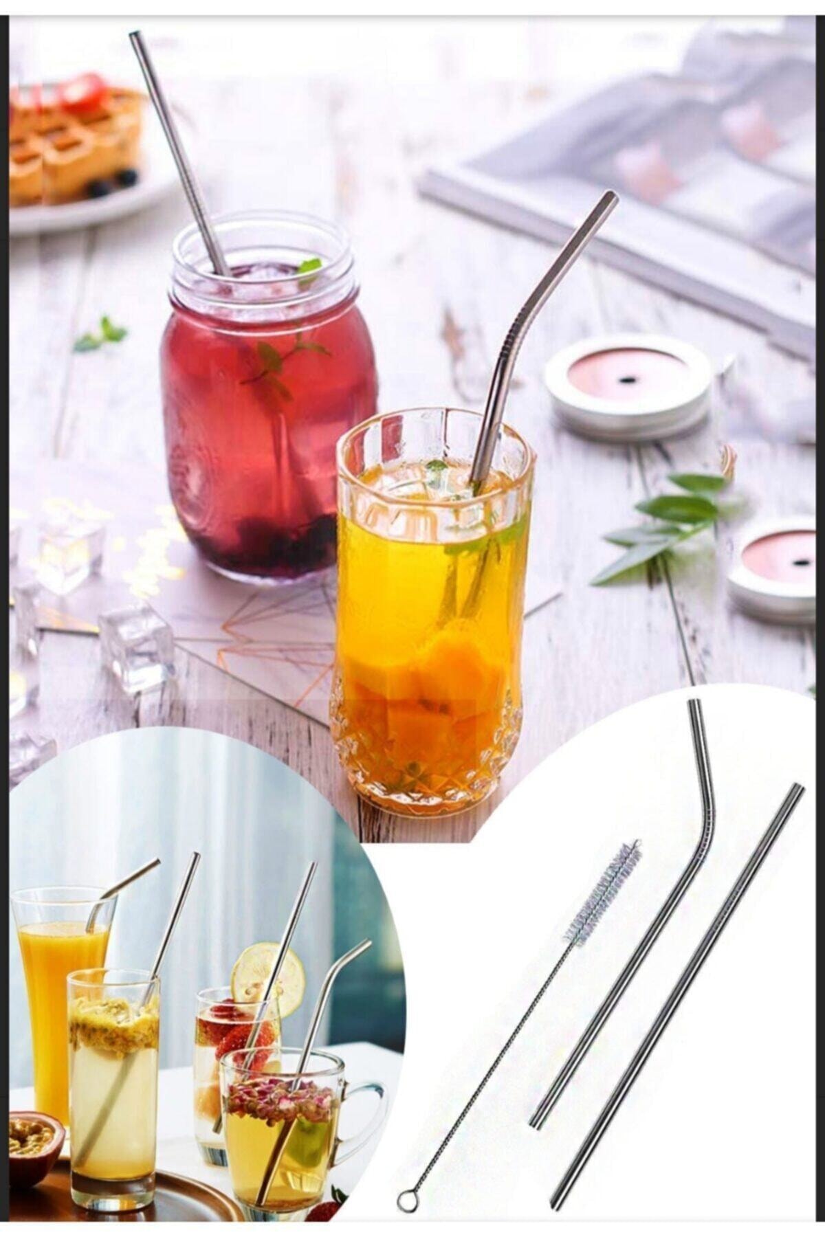 Kitchen Live 2 Li Paslanmaz Çelik Pipet + Temizleme Fırçası