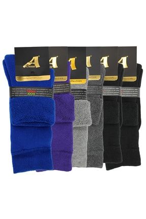 6'lı Paket Termal/Thermal Kıvrık Havlu Kalın Kışlık Kadın Çorap (Saks, Mor, Gri, Siyah) RBF7037PLX6