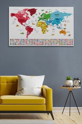 Dünya Haritası Ülke Bayraklı Ve Başkentli Kanvas Tablo 1959