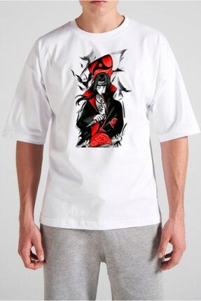 Itachi Uchiha Anime Baskılı Beyaz Oversize T-shirt / Tişört B2380