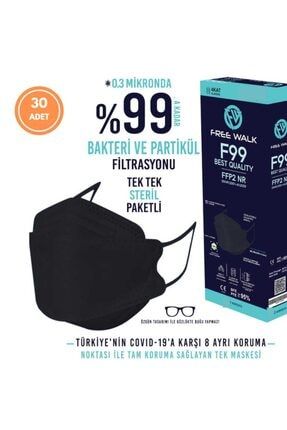 Kore Tipi F99 - F95 Best Quality Kf94 Maske Siyah 30 Adet (N95 MASKE STANDARTINDA) FWALK3F99