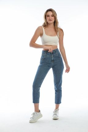 Indigo Mavi Yüksek Bel Yıkamalı Relaxed Fit Jeans 2021-239