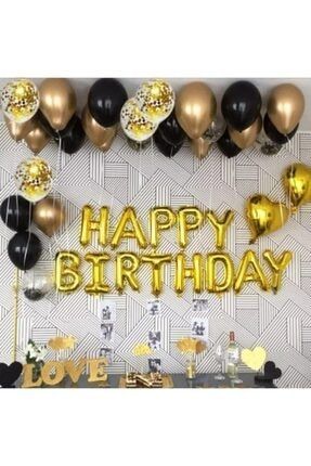 Happy Birthday Gold Folyo Harf Balon Gold Krom Balon Pastel Siyah Balon Şeffaf Konfetili Balon Seti TPKT000000975